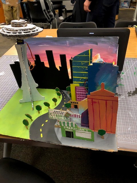 painted 3D city with servo spinnig Space Needle
