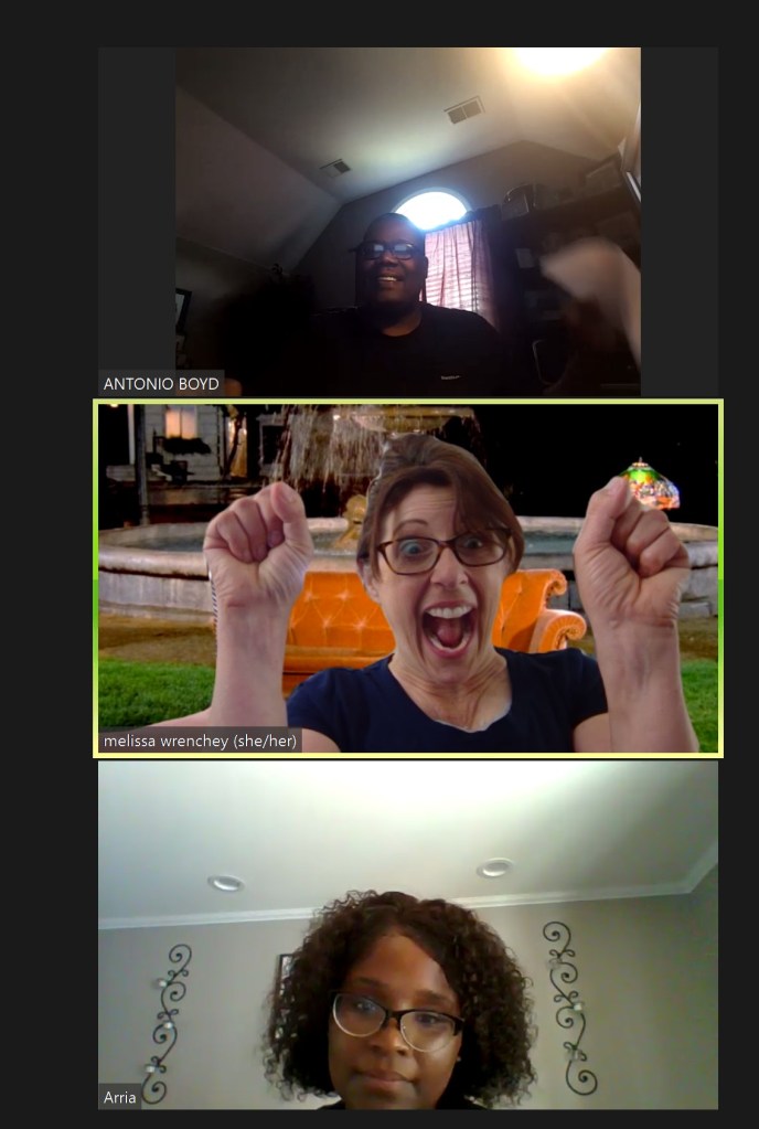 picture of 3 screenshots of collaborative partners, middle person celebrating with hands in the air triumph